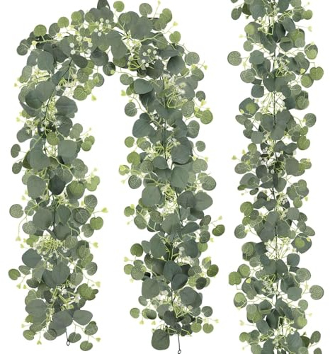 RODISHOMM 2 Stück Eukalyptus-Girlande Künstliche Girlande Pflanze mit weißen Blumen und Blättern, Künstliche Hängepflanzen für Hintergrund-Hochzeits-Tischdekoration