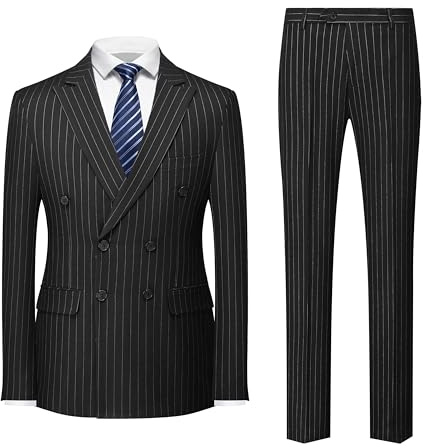 MOGU Herren Zweireihiger Nadelstreifen-Anzug, 2-teilig, schmale Passform, Smoking, formelle Jacke und Hose für Business, Hochzeit, Abschlussball, Schwarz, M