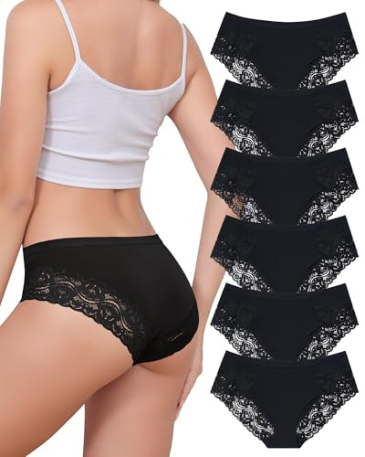Aijolen Unterhosen Damen Baumwolle Slips mit Spitze Unterwäsche Frauen | Bequeme Spitzen Hipster Unterwäsche Damen, Mittel Taille Panties, Atmungsaktiv Weiche, 6er Pack, S-XXL, Baumwoll Schritt