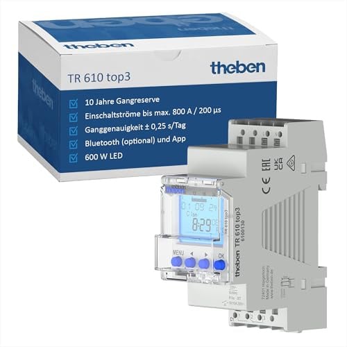 Theben TR 610 top3 Digitale Zeitschaltuhr für Hutschiene, 1 Kanal, Wochenprogramm, App-Steuerung, 230V, 16A, 2 TE, 10 Jahre Gangreserve, Weiß