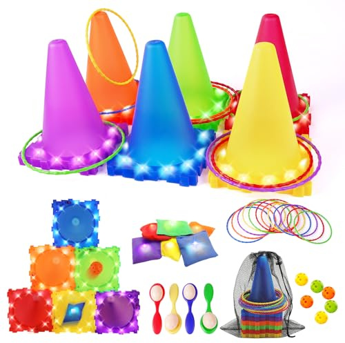 CLEMAS 35 TLG Light Up Wurfspiele Outdoor Spiele für Kinder–5 in 1 Gartenspielzeug mit Cornhole Spiel, Ringwurfspiel & Eierlaufen, Wurfspiel Kinder Outdoor Spiele für Draußen & Kindergeburtstag Party