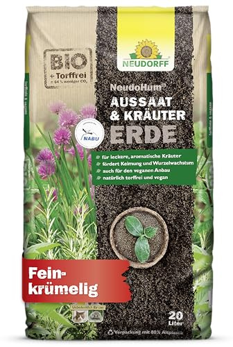 Neudorff NeudoHum AussaatErde und KräuterErde 20L - Anzuchterde für Samen - natürlich torffrei - vegane Erde für Stecklinge und zum Anbau von Chili und Gemüsepflanzen