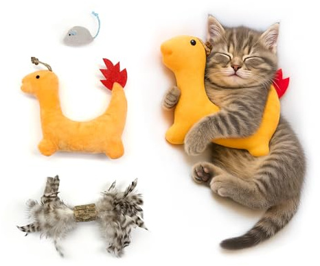 ZAYLUMO 3er Set Katzenspielzeug für Wohnungskatzen - Mit Silvervine & Katzenminze, Feder, Plüsch-Drache und Maus, zum Jagen, Greifen und Tragen, Natürliches Beschäftigungsspielzeug