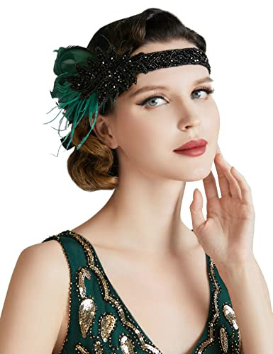 BABEYOND Damen 1920er Feder Stirnband 20er Jahre Stil Flapper Charleston Haarband Great Gatsby Damen Fasching Kostüm Accessoires Dunkelgrün