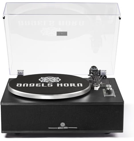 ANGELS HORN Bluetooth Vinyl-Plattenspieler | 2-Geschwindigkeits-Plattenspieler mit eingebauten Lautsprechern | Inklusive Phono-Vorverstärker & AT-3600L Tonabnehmersystem | Schwarz
