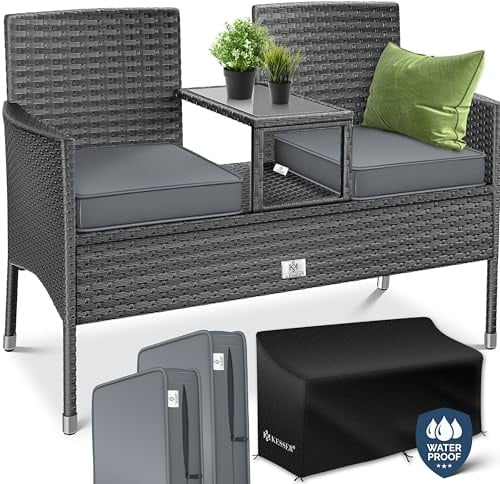KESSER® Polyrattan Gartenbank mit Tisch, 2 Sitzer, 143x63x88cm Gartenbank wetterfest, Sitzbank Outdoor, Balkonbank mit Ablage, Gartenmöbel Rattan Bank für Garten & Balkon + Kissen & Cover, Anthrazit