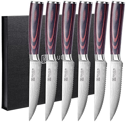 PAUDIN Steakmesser 6-teiliges Set, hochwertiger deutscher Edelstahl Steak Messer, ultrascharfe gezackte Klinge und ergonomischer Holzgriff, Tafelmesser mit Geschenkbox
