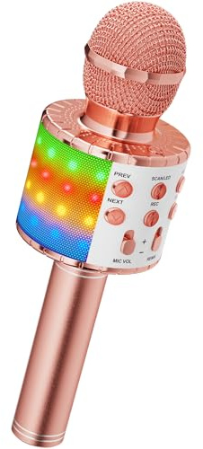 Magic Sing LED Karaoke Mikrofon Kinder, Drahtloses Bluetooth Spielzeug ab 3-12 Jahre Geschenk Mädchen KTV Lautsprecher mit Stimmenverzerrer, Heim KTV Karaoke Maschine für Android, iOS, PC(Roségold)