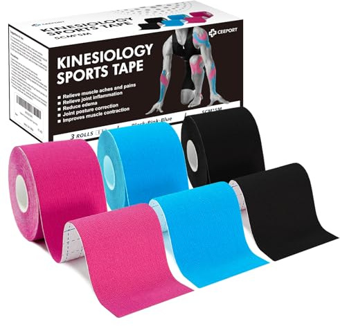 Ceeport Kinesiotapes - 5cm x 5m 3 Rollen Kinesiologie Tape Kinesio Tape und Tape Sport für Knie-, Schulter-, Knöchel-, Plantar-, Gelenk- und Körperstützung | flexibel, wasserdicht & hypoallergen