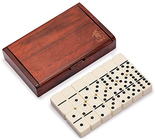 YMI Doppel-6-Dominospiel mit dunklem Eichenholzkasten | 28 große Doppel-6-Dominosteine, je 5,6 x 2,8 x 1,2 cm, im dunklen Eichenholzkasten. 0,91 kg. Ohne Metallstifte.