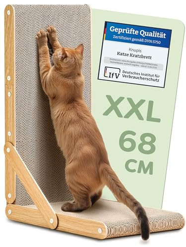 Knupis Kratzbrett Katze Groß 68 cm - Kratzfeste Kratzpappe für Katzen zur Krallenpflege - Bis zu 2 Jahre Kratzspaß - Leichte Montage - Wendbares Design L förmig - Kratzmatte für Sofa & Wandschutz