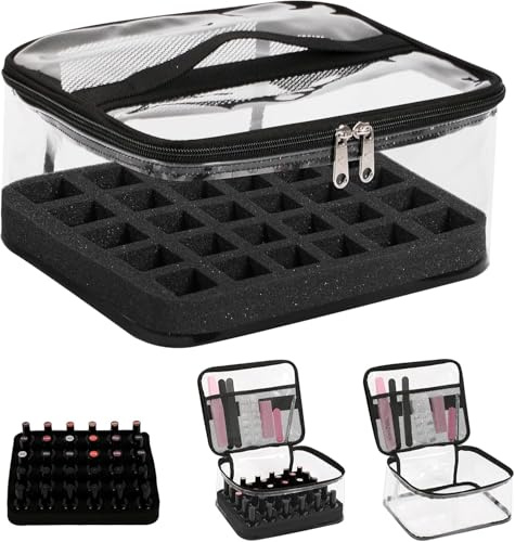 Nagellack Aufbewahrung für 30 Flaschen,Transparenter Nagellack Organizer & Kosmetikkoffer aus spritzwassergeschütztem PVC mit Flex‑Schwammeinsatz,ideal für Zuhause & unterwegs