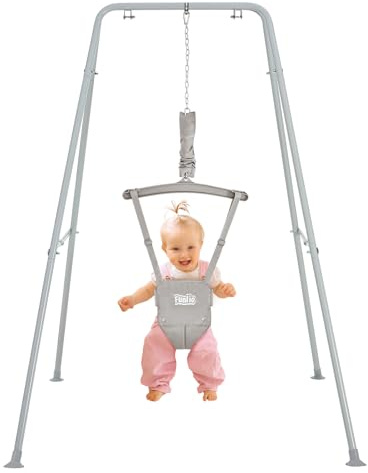 FUNLIO Baby Türhopser mit Ständer für 6–24 Monate, Baby Hüpfschaukel mit Gestell für Drinnen und Draußen, Tür Schaukel/Hängeschaukel für Kleinkinder mit Verstellbarer Kette, einfach zu Montieren-Grau