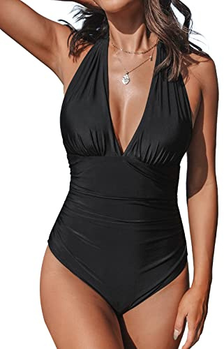 CUPSHE Damen Badeanzug V Ausschnitt Neckholder Bauchweg Monokini Rückenfrei Elegant Geraffte Bauchkontrolle Einteilige Bademode Swimsuit