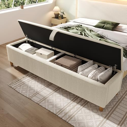 Kebnor Bettbank mit Stauraum,Polsterbank mit Hydraulischem Stauraum, Aufbewahrungsbox, Geeignet für Schlafzimmer, Wohnzimmer und Flur, Beiger Cord-Optik. (165 x 38 cm Bettbank)