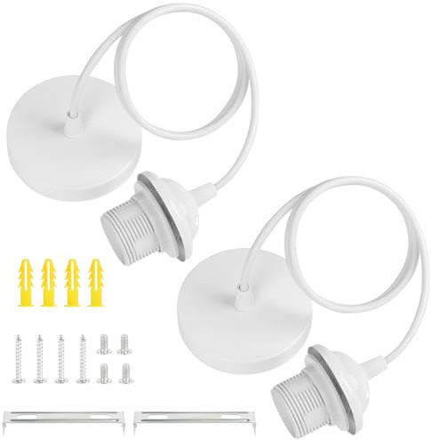 AUAUY 2er-Pack E27 Weiß Lampenfassung, Pendelleuchte Lampenaufhängung | mit Schraubring,E27-Lampenfassung für Deckenpendelleuchte mit 90cm Verstellbarem Kabel für die Decke von Wohnzimmer Esszimmer