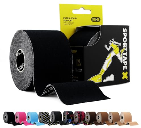 SPORTTAPE Kinesiologie Tape - Schwarz, 5 cm × 5 m – Elastisch & Wasserfest Kinesiotapes/Tape Sport, Hautfreundlich Baumwolle, starke Haftung, latexfrei für Muskel- & Gelenk-Support