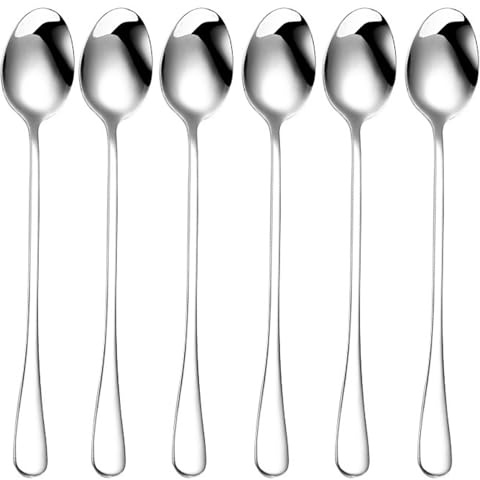 6 -teilig Latte Macchiato Löffel Set, 19.5cm Edelstahl Eislöffel, Joghurtlöffel, Teelöffel langer Stiel, Edelstahl poliert, für Eistee, Kaffee & Cocktail Rühren