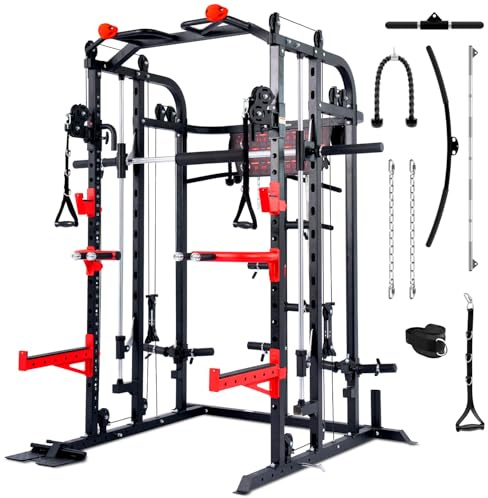 Sportstech SXM150 Smith Machine für Zuhause, Power Rack mit Kabelzug, Klimmzug, Langhantelstange, Bankdrücken, Multipresse, für Gewichtsscheiben, Kraftstation inkl. Griffe, Multifunktional, Home Gym