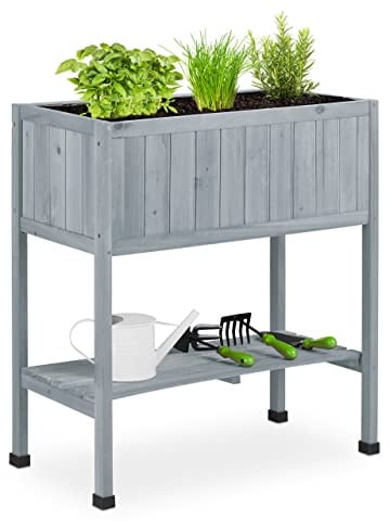 Relaxdays Hochbeet Holz, Pflanzbeet auf Stelzen, grau | HBT: 80,5 x 74 x 38 cm, Garten, Balkon & Terrasse, mit Folie