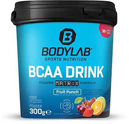 Bodylab24 BCAA Drink Powder Matrix Formula Fruchtmix 300g, enthält 5g BCAA pro Portion, mit Glutamin, Vitaminen und Magnesium, beliebt bei Sportlern