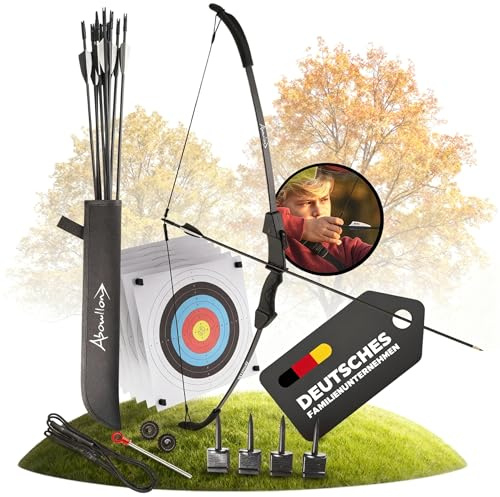 Abowllon® Sportbogen Einsteiger-Set 15 lbs (6,8 kg) | Recurvebogen 106 cm für Jugendliche | Bogenschießen Training, 10 Fiberglas-Pfeile, 6 Zielscheiben