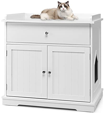 COSTWAY Katzenschrank mit Schublade & Tür & Eingang, 3-in-1 Katzenhaus Katzentoilette Beistelltisch, Schrank Katzenklo Katzenkommode, Katzenhöhle Haustierbox, Katzenmöbel (Weiß)