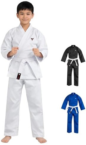 Mytra Fusion Kinder Karateanzug mit Gürtel – Leichter, strapazierfähiger Anzug für Kampfsport, Taekwondo & Training – Atmungsaktiver Baumwoll-Gi (Weiß, 1/140)