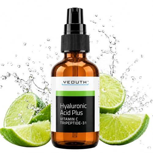 YEOUTH Hyaluron Serum Gesicht mit Vitamin C, Hyaluronsäure Gesichtspflege, Hyaluronic Acid Serum Minimieren Sie das Erscheinungsbild von Falten, Fleckiger und Fahler Haut 60ml