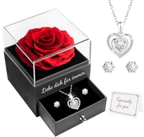 Miofula Ewige Rose Geschenke für Frauen,Infinity Rosenbox mit Herz Halskette Ohrringe Silber 925,Blumen Kette Geburtstagsgeschenk für Frauen,Mama Oma Freundin Geschenk Weihnachten Geburtstag Jahrestag