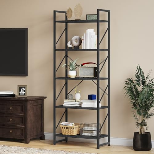 YITAHOME Bücherregal mit 5 Ebenen Standregal Lagerregal Büroregal CD Regal/Stabiler Stahlrahmen, Holzplatte/Modern Retro-Industriestil für Wohnzimmer, Schlafzimmer, Büro - Schwarz