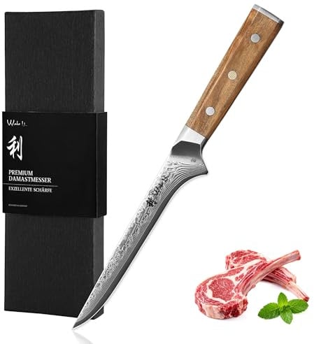 Wakoli Oribu Ausbeinmesser 14 cm Klinge aus 67 Lagen Damaststahl, VG10-Kern | Filetiermesser für Fleisch und Fisch mit feiner Full-Tang-Klinge, Olivenholzgriff, beidseitigem 15° V-Schliff und Geschenkbox