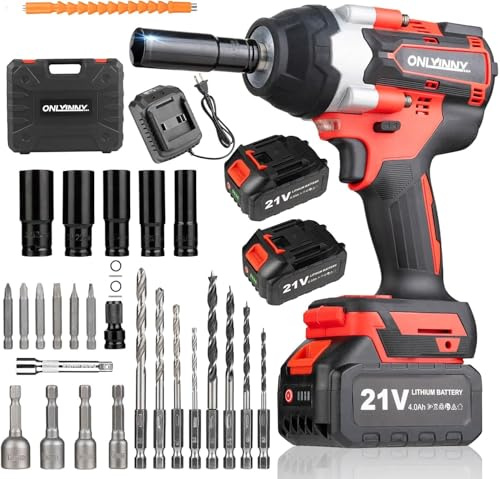 OnlyinNY Akku-Schlagschrauber 1000 Nm, 1/2 Zoll, bürstenlos, 2 Akkus 4,0Ah | 2300 U/min • Schnellladegerät • LED-Arbeitslicht • 4-Gang-Drehzahlregelung • Auto Reparatur & DIY