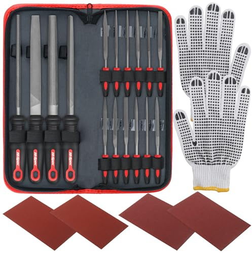 Hi-Spec 16-tlg. Feilenset mit Flachfeile, Halbrundfeile, Rundfeile, Dreiecksfeile und 12 Nadelfeilen im Etui –Feilen Satz mit Raspeln für Holz und Metall Arbeiten