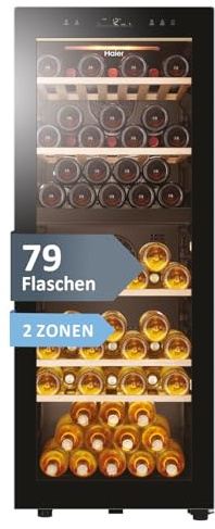 Haier Weinkühlschrank 50 SERIE 5 HWS79GDG I Weinklimaschrank für 79 Flaschen I Neue Technologie für beste Lagerung I Weinkühlschrank 2 Zonen, UV-Glastür & 5 Holzregalen I Wine Fridge vibrationsarm