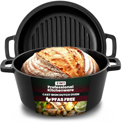 KICHLY 2 in 1 Gusseisen Topf Mit Doppelter Zweck Grillpfannendeckel - Vorgewürzter Gusseiserner Dutch Oven – Brot Backen, Kochen, Braten, Schmoren & Grillen – Im Innen- Und Außenbereich