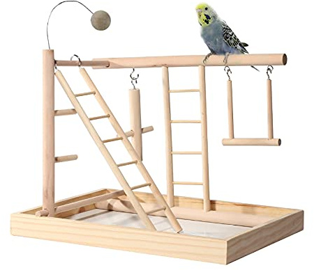 JasCherry Vogel Spielplatz Papagei Spielplatz Holz Gym Vogelständer Barsch Turnhalle Leiter Laufgitter Spielzeug Übungsspiel für Wellensittiche Nymphensittich mit Tablett Schaukel #C