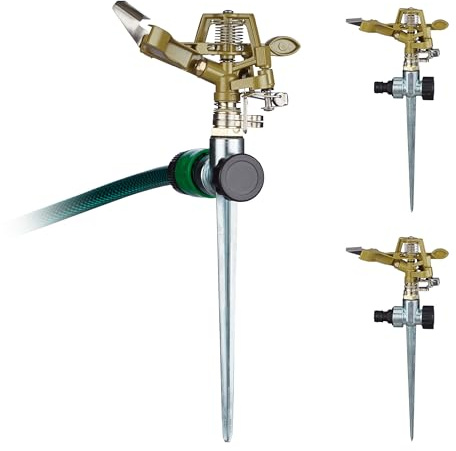 Relaxdays Impulsregner 3er Set, mit Erdspieß, 15 m Reichweite, 20°-360°, Kreisregner, Gartensprinkler, Gold/Silber