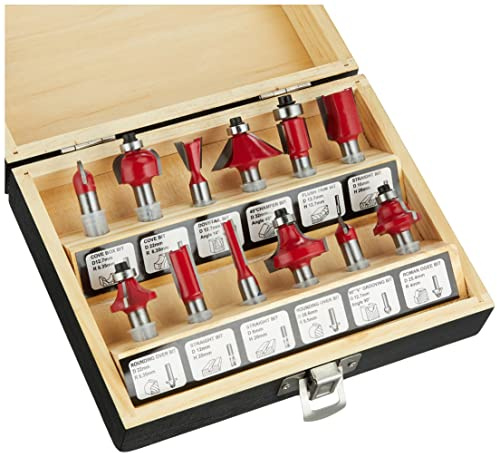 Meister Fräser-Set 12-teilig – Hartmetall – Zinkenfräser | Zur Holzbearbeitung – Für Oberfräsen mit 8 mm Schaft – Nutfräser – Bündigfräser – Viertelstabfräser – Hohlkehlfräser