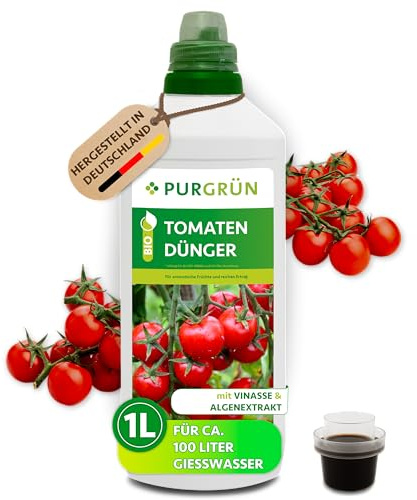 Purgrün® Bio-Tomatendünger 1 Liter – Organische Rezeptur – Premium-Flüssigdünger – NPK 4+1+7 – Mit Algenextrakt & Vinasse – Extra Kalium für saftig rote Tomaten – Ohne tierische Inhaltsstoffe