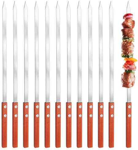 40 cm BBQ Edelstahl Grillspieße, 12 Stück Grillspieße Wiederverwendbar, Adana Spieße, Flache Schaschlikspieße für Fleisch Gemüse, Kebab Spieße, Extra Breit 1 cm und Extra Stark 2 mm Dicke