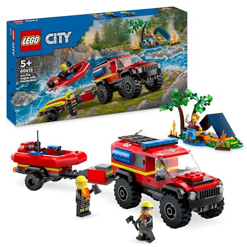 LEGO 60412 City Feuerwehrgeländewagen mit Rettungsboot, Offroad-Auto-Spielzeug für Kinder ab 5 Jahren, Rettungswagen mit Schlauchboot, Anhänger, Zelt und 3 Minifiguren, Geschenk für Jungs und Mädchen