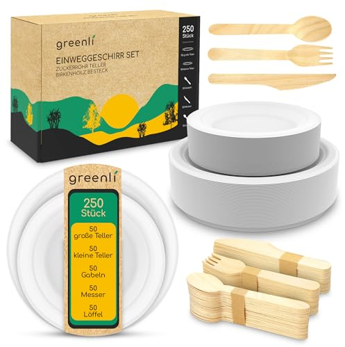 greenli® Einweggeschirr Set - 250 x Einwegteller aus Zuckerrohr und Einwegbesteck aus Holz