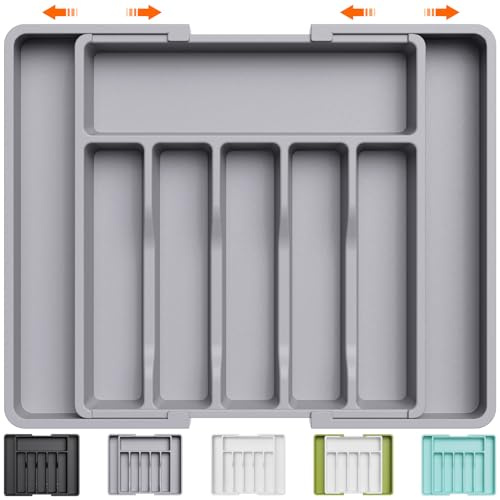 Lifewit Besteckkasten für Schubladen, 6-8 Fächer verstellbarer Organizer | Kunststoff Besteckeinsatz Küche, Tiefe 38 cm, Breite erweiterbar bis 57 cm, für Löffel, Gabeln und Geschirr, Grau