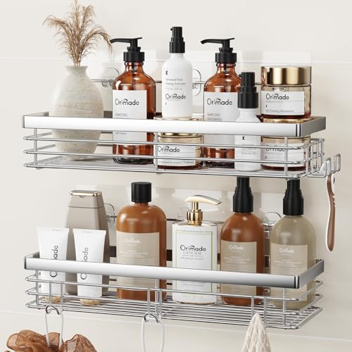 Orimade Duschablage ohne Bohren-Duschregal,Badregal Ohne Bohren Edelstahl | Rostfrei,Selbstklebend Duschkörbe für Bad Küche Toilette,Schneller Wasserablauf, Extrem hohe Tragfähigkeit,2 Stück,Silber
