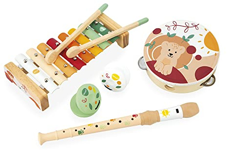 Janod - Musikset 5 Holzinstrumente Sunshine - Rollenspiel und musikalische Früherziehung - Wasserfarbe - Ab 18 Monaten, J07615