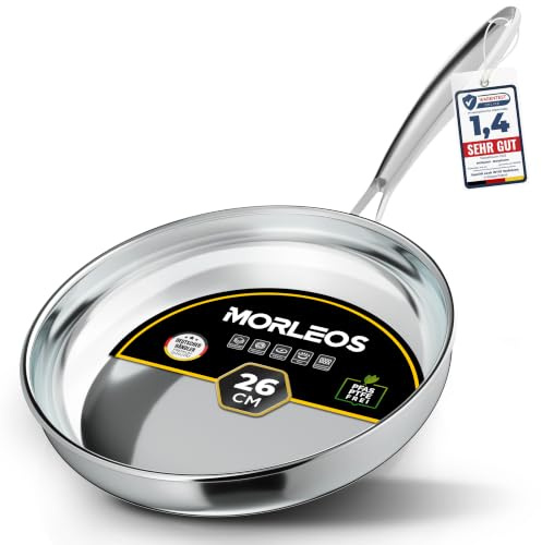 Morleos Edelstahlpfanne 26 cm Induktion unbeschichtet Bratpfanne ohne PFAS | Stainless Steel Pan mit hohem Rand, ohne Beschichtung, für alle Herdarten, backofenfeste Edelstahl Pfanne bis 400 °C