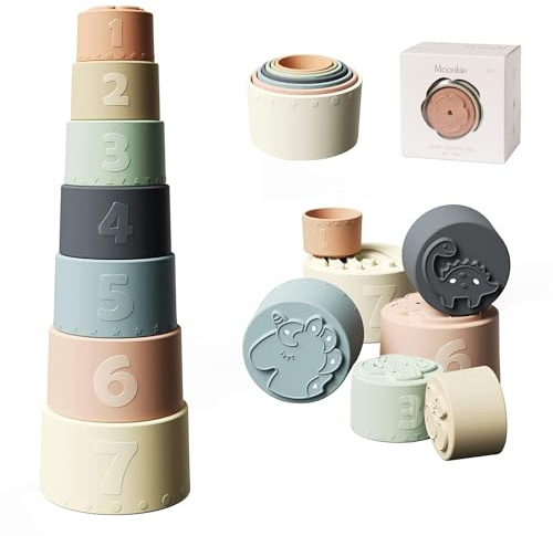 Moonkie Baby Stapelbecher Spielzeug, Stapelturm mit 7 Bechern Für Babys & Kinder,lustiges pädagogisches Stapelbecher-Silikon-weiches und zahnendes Spielzeug, Geschenk Jungen & Mädchen ab 6 Monate+