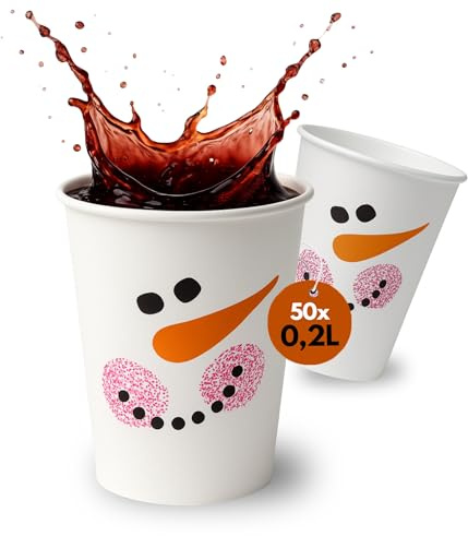 PLS GROUP® 50 Pappbecher Glühwein 280ml | Glühweinbecher für Heißgetränke 0,2L | Einweg Glühwein Becher | Trinkbecher Pappe | Einwegbecher | Heißgetränkebecher Winter Schneemann