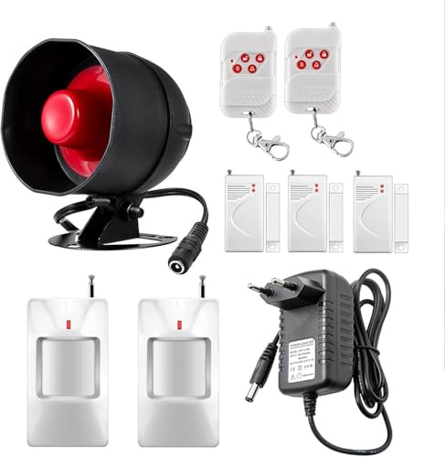 Alarmanlage Haus Sirene 9 Teiliges Set mit 115 dB Sirene, Bewegungssensor, Türfenstersensor und Fernbedienung,für Lager,Geschäfte,Haus